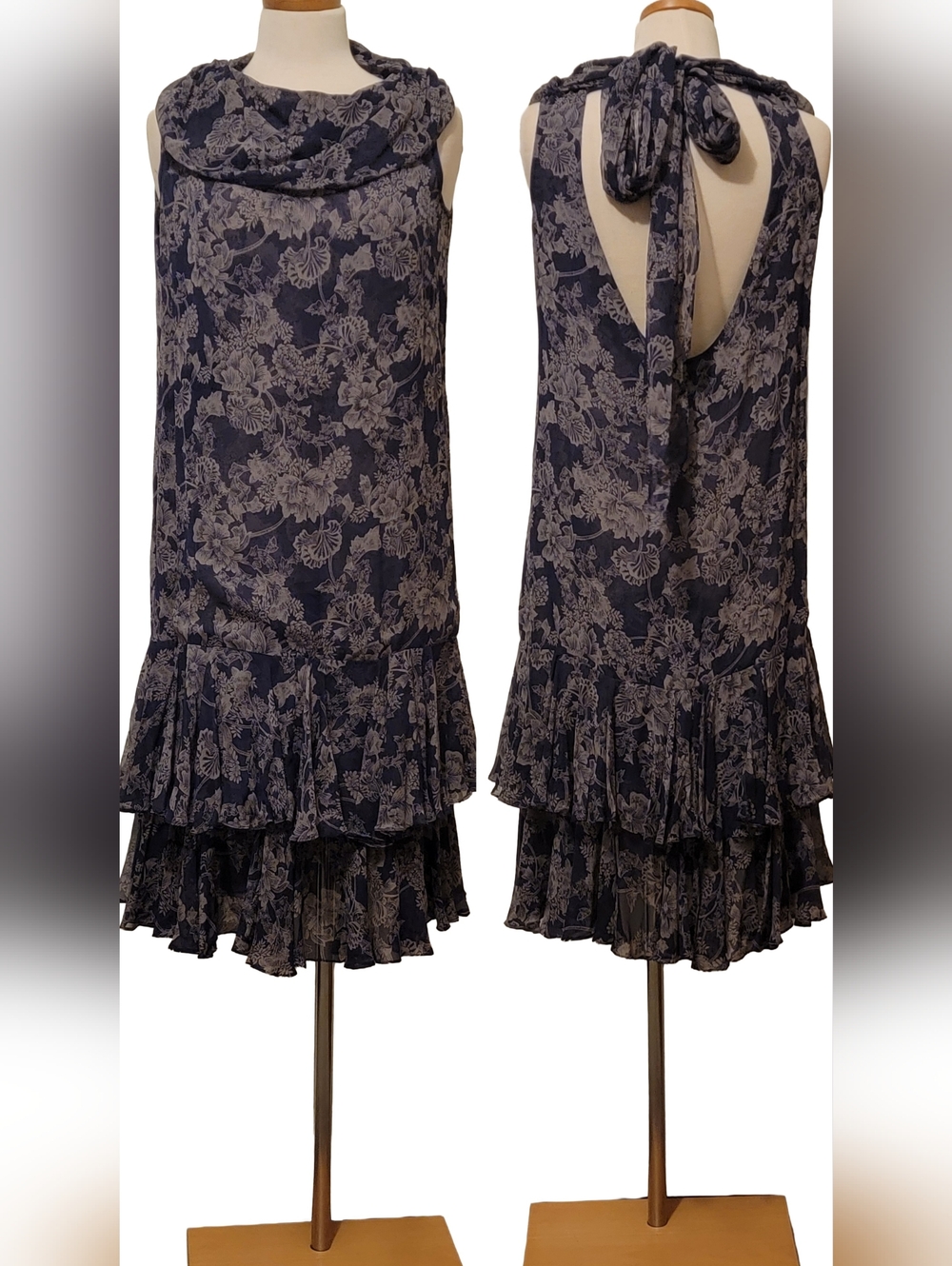 Nancy Johnson 100% Silk Vintage Chiffon Sheer Ruffled Cowl Neck Bow Midi Dress